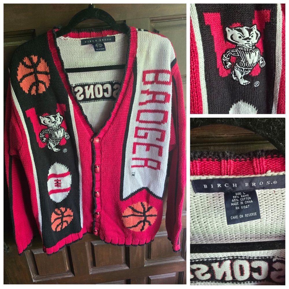 VTG Birch Bros. NCAA UW-Madison Wisconsin Badgers Knot Cardigan Sweater Size L